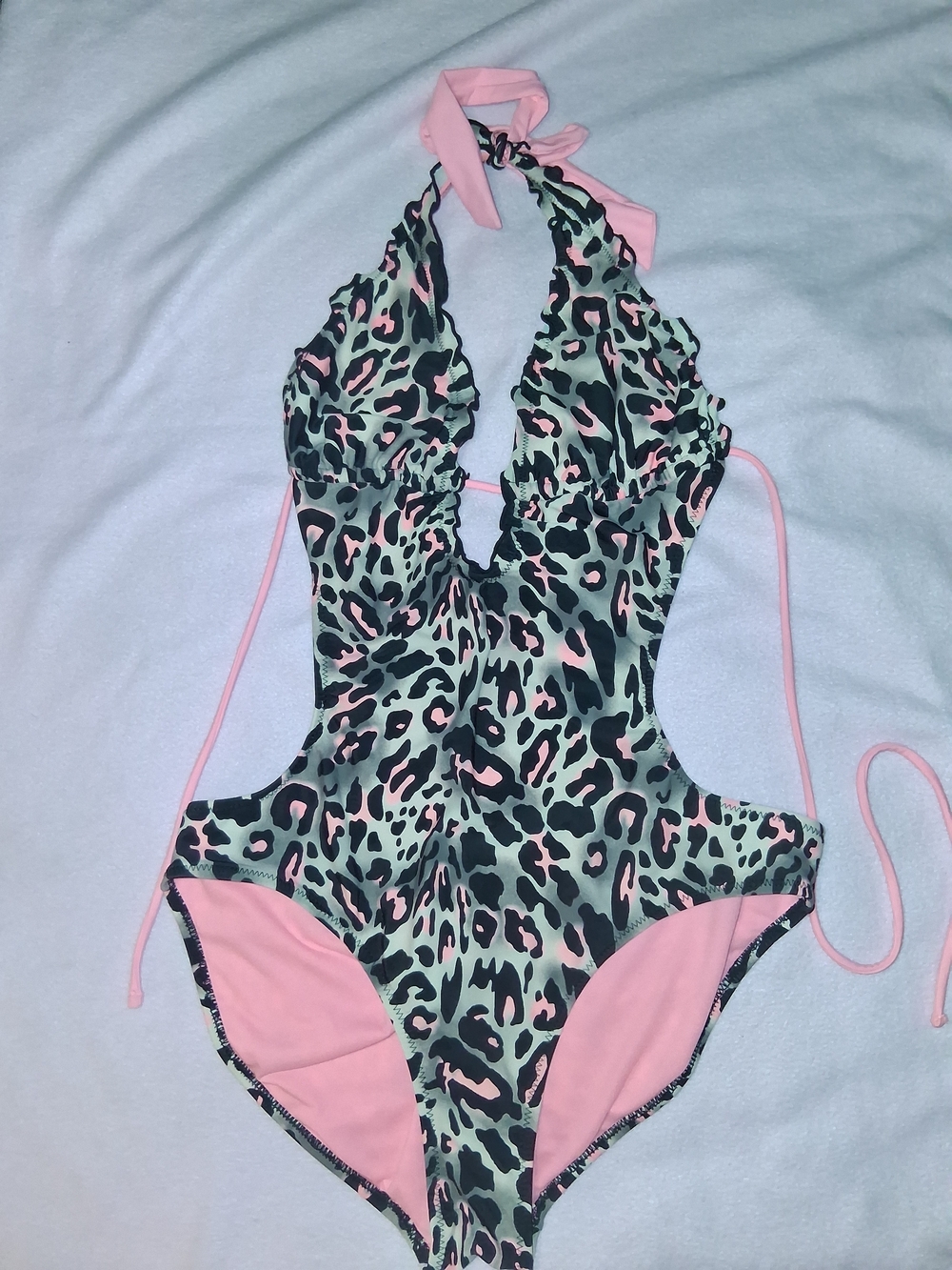 Pink and Black Leopard Halter One-Piece Swimsuit